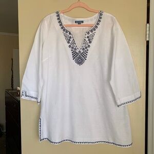 Fleur Bleue Linen Cotton Tunic Top Embroidered Sz.L Beach Coastal Shirt